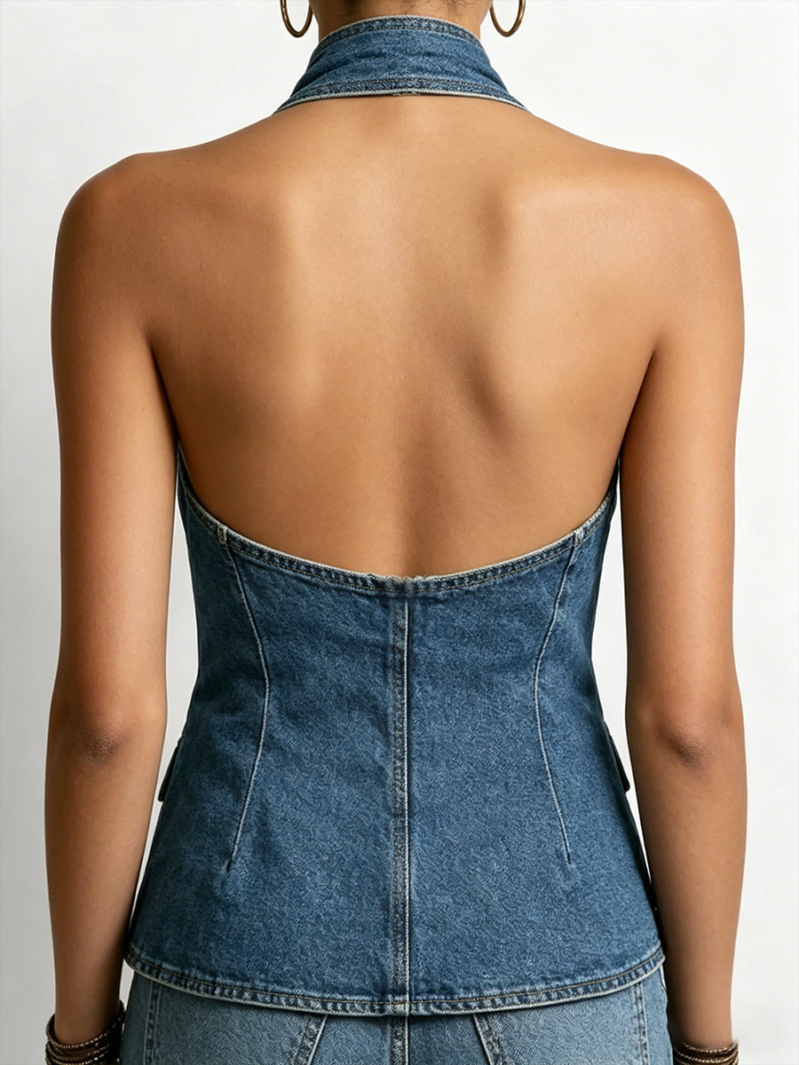 Stylish Casual Halter neck Denim Top, Lily & Sam, image 2