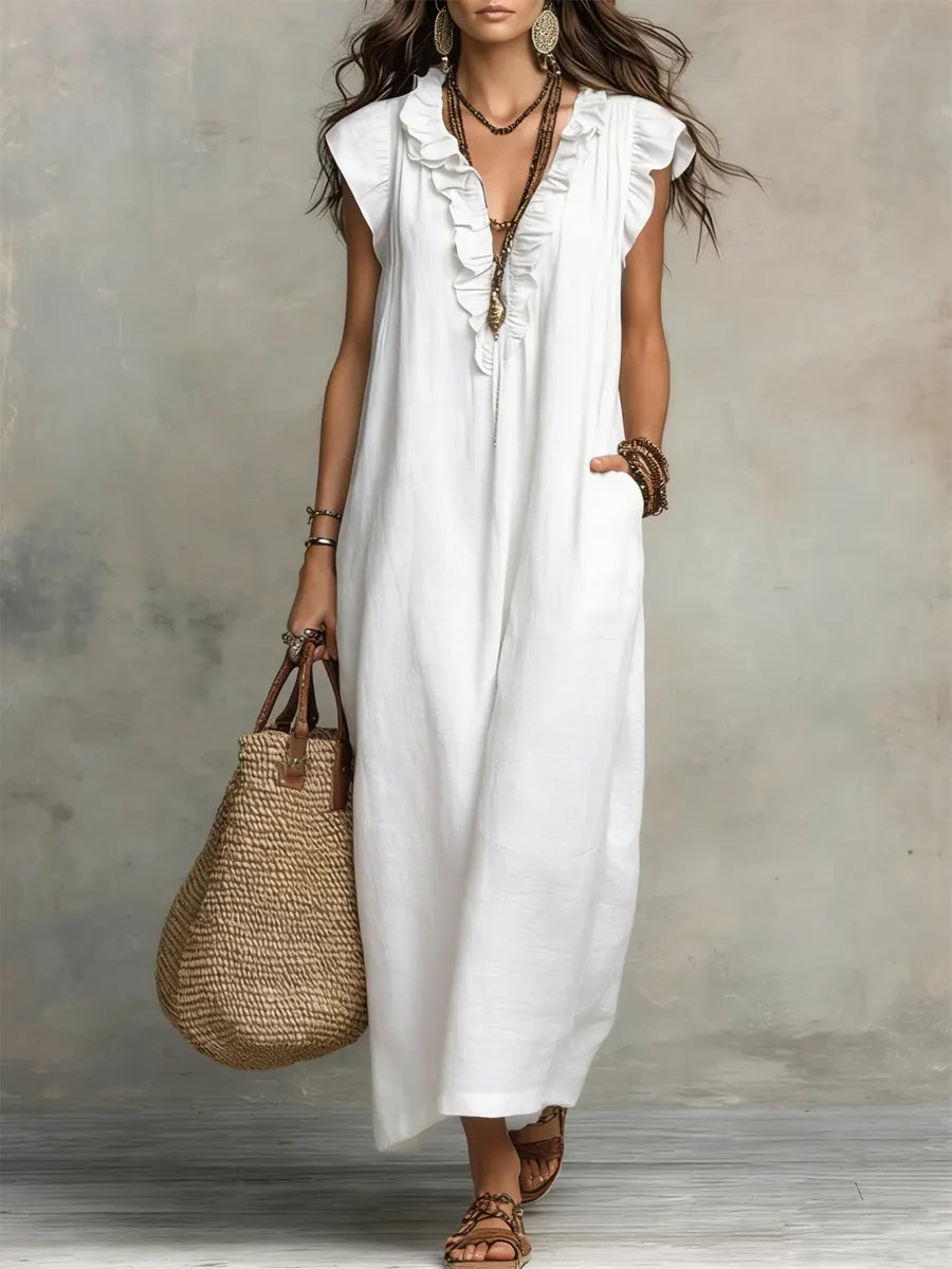 Women's Solid Color Ruffled Art Casual Fashion Cozy Cotton Linen Dress, Lily & Sam, image 4
