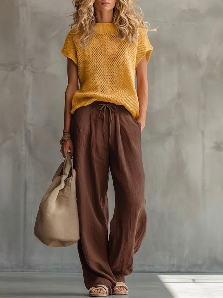 Casual Knitted Pullover Top And Linen cotton Trousers Two piece Set, Lily & Sam, image 3