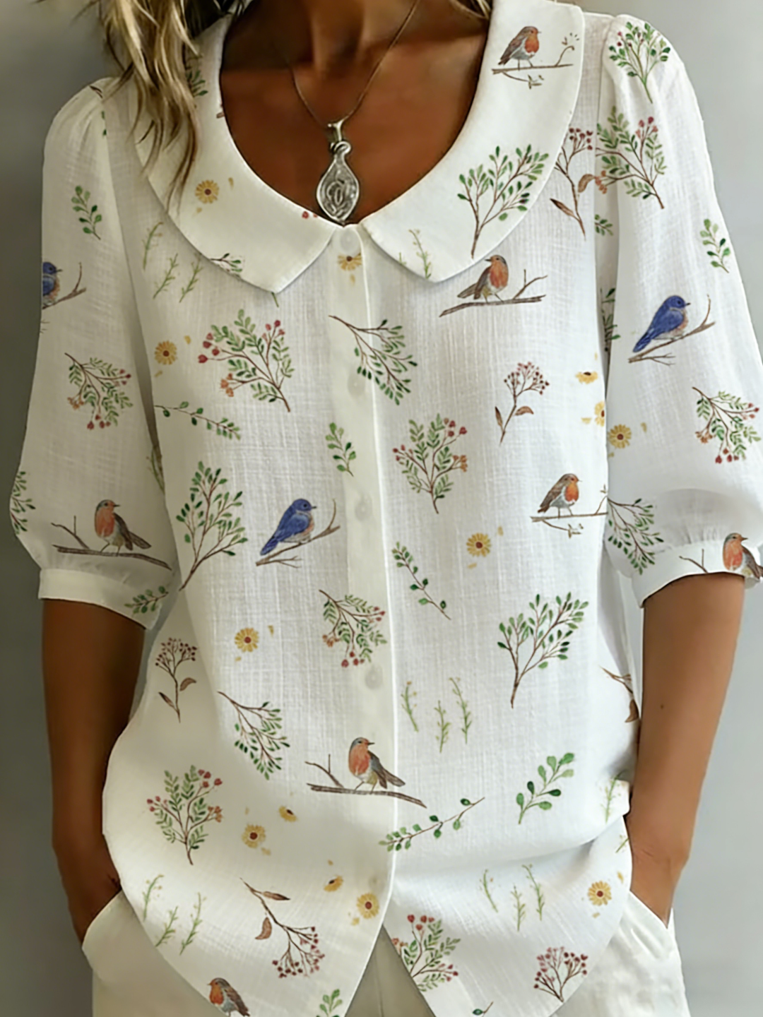 Forest Whispers Peter Pan Collar Linen Cotton Shirt, Lily & Sam, image 3
