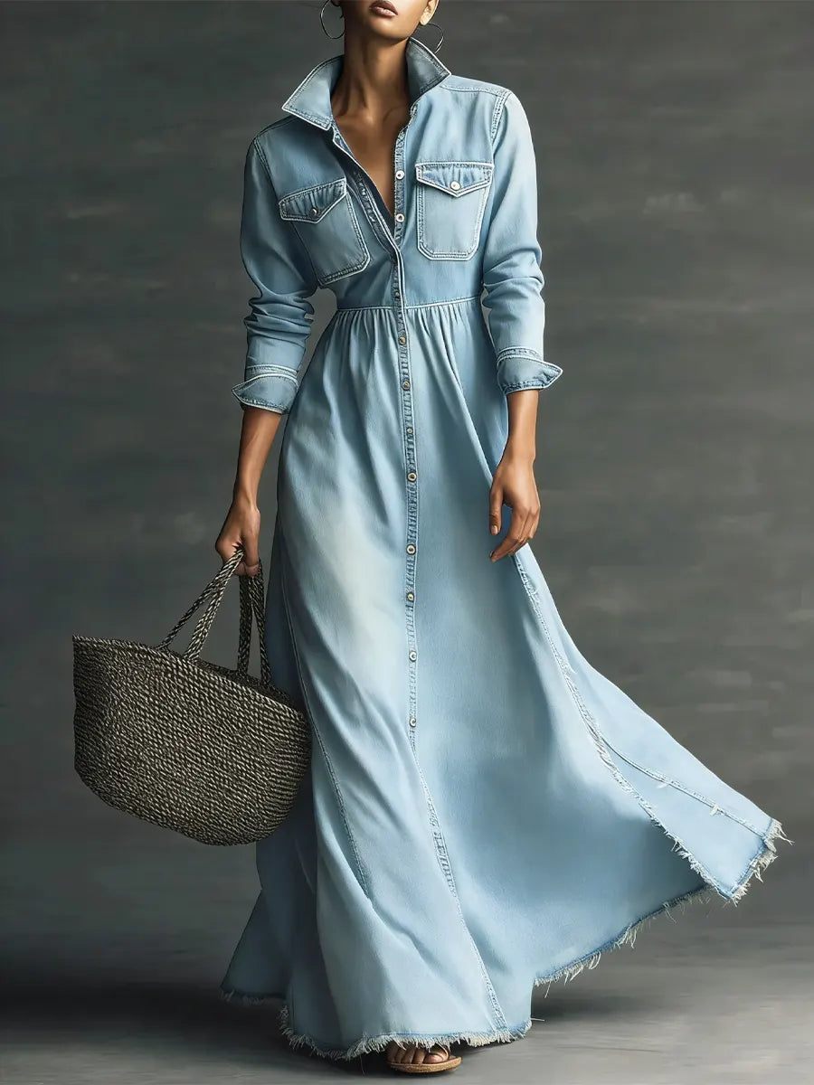 Women Stylish Art Stand Collar Washed Denim Midi Dress, Lily & Sam, image 5