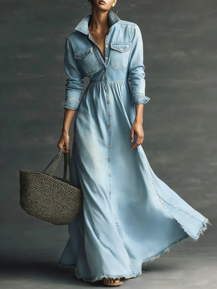 Women Stylish Art Stand Collar Washed Denim Midi Dress, Lily & Sam, image 5