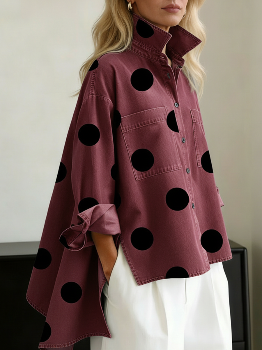 Artistic Polka Dot Print Stand collar Denim Top, Lily & Sam, image 6