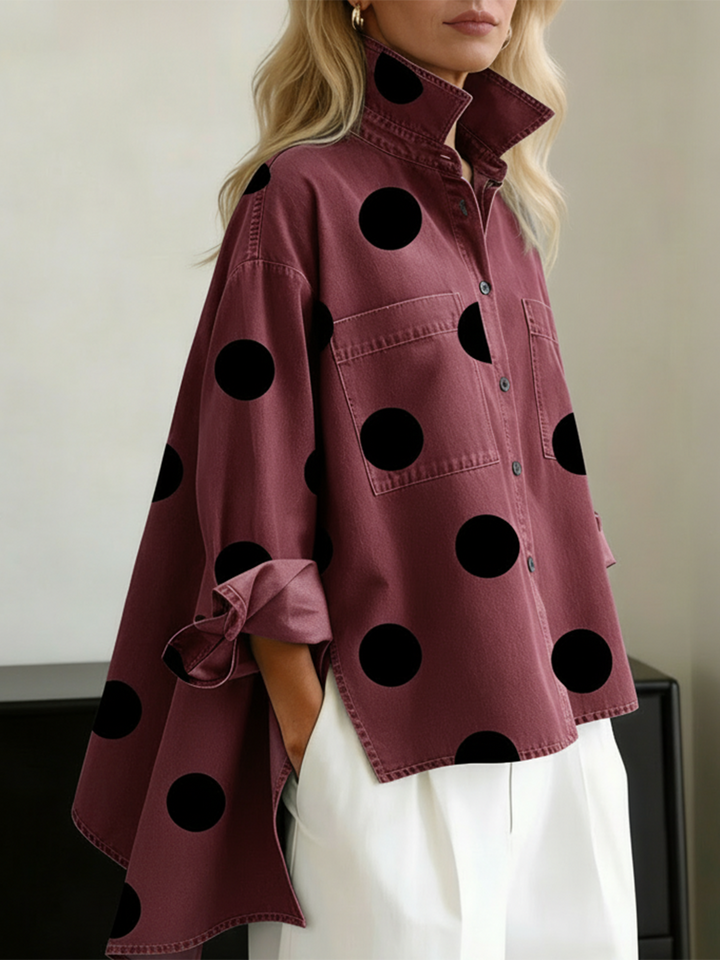 Artistic Polka Dot Print Stand collar Denim Top, Lily & Sam, image 6