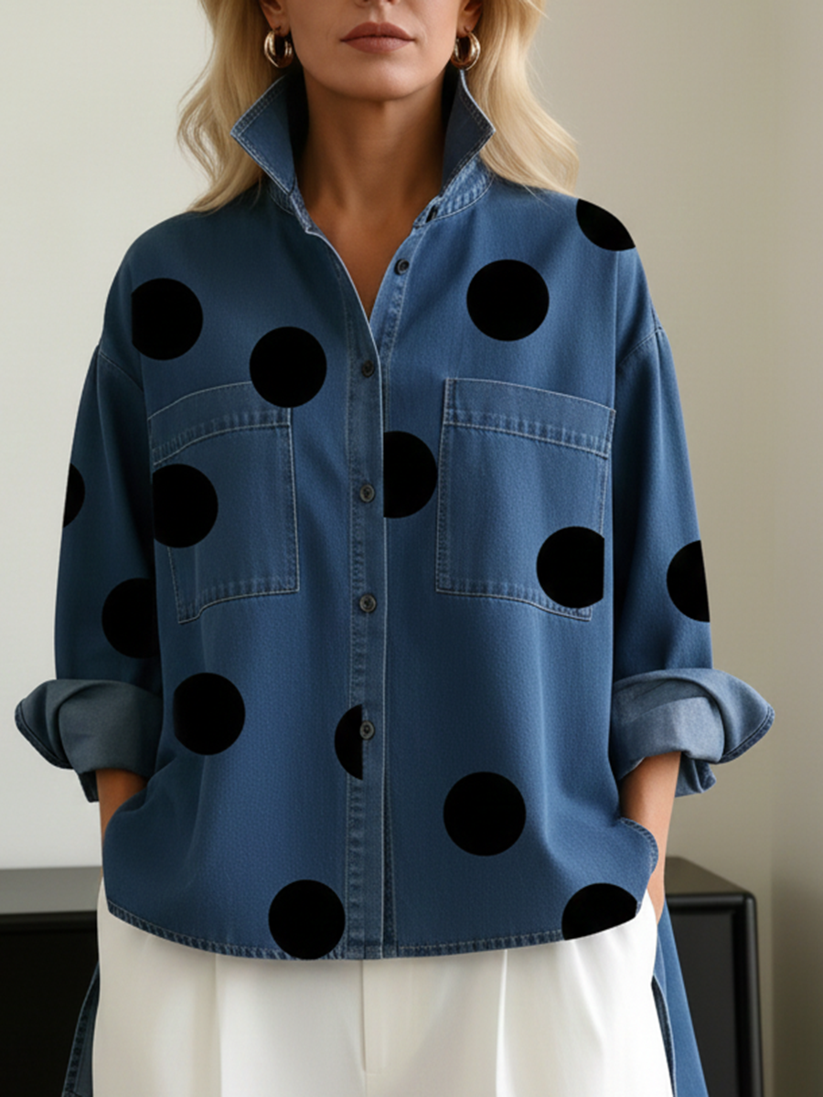 Artistic Polka Dot Print Stand collar Denim Top, Lily & Sam, image 3