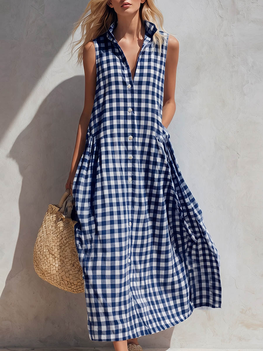 Women's Plaid print V neck Sleeveless Casual Loose Cotton linen Dress, Lily & Sam, image 4