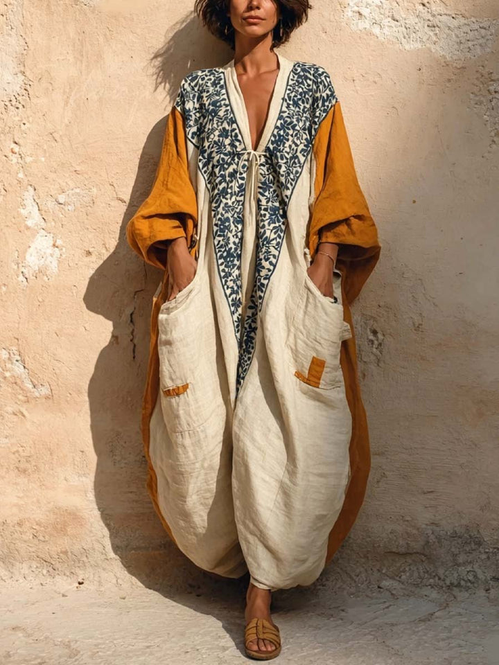 Women's Vintage Art Print V neck Long Sleeve Cotton Linen Jumpsuit, Lily & Sam, image 1