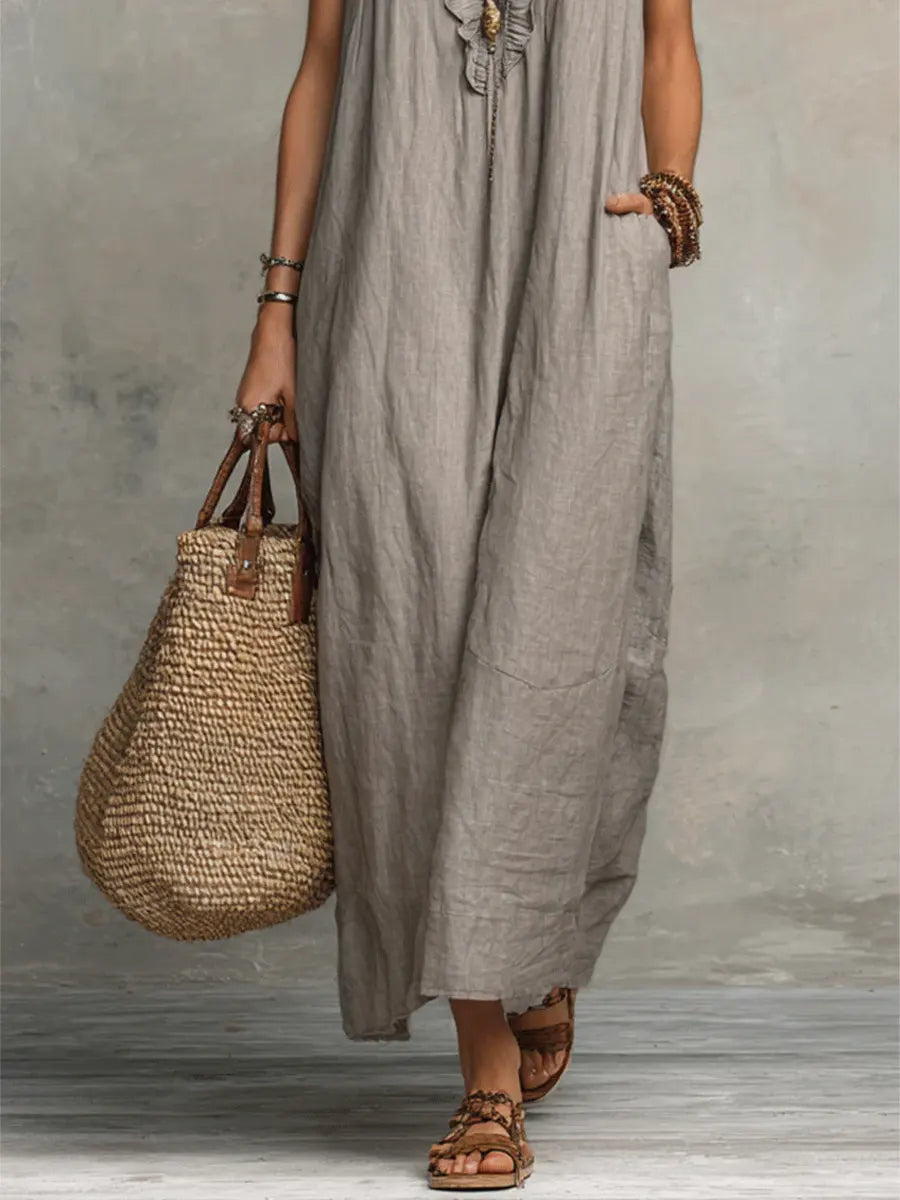 Women's Solid Color Ruffled Art Casual Fashion Cozy Cotton Linen Dress, Lily & Sam, image 10