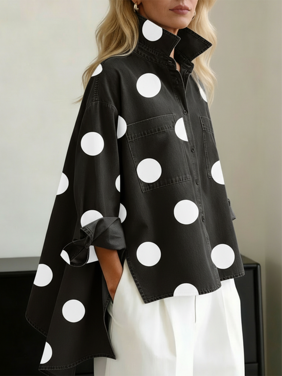 Artistic Polka Dot Print Stand collar Denim Top, Lily & Sam, image 4