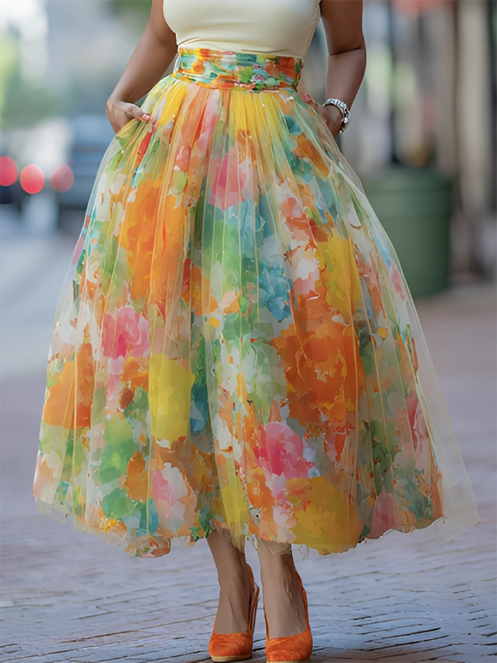 Artistic Watercolor Print Mesh paneled Skirt, Lily & Sam, image 1
