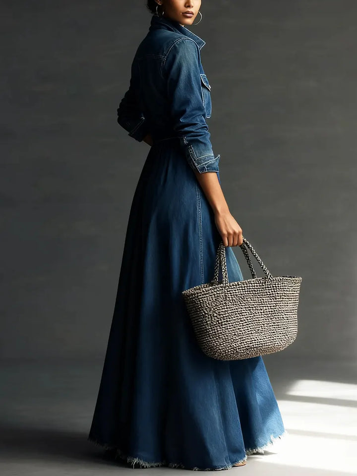 Women Stylish Art Stand Collar Washed Denim Midi Dress, Lily & Sam, image 3