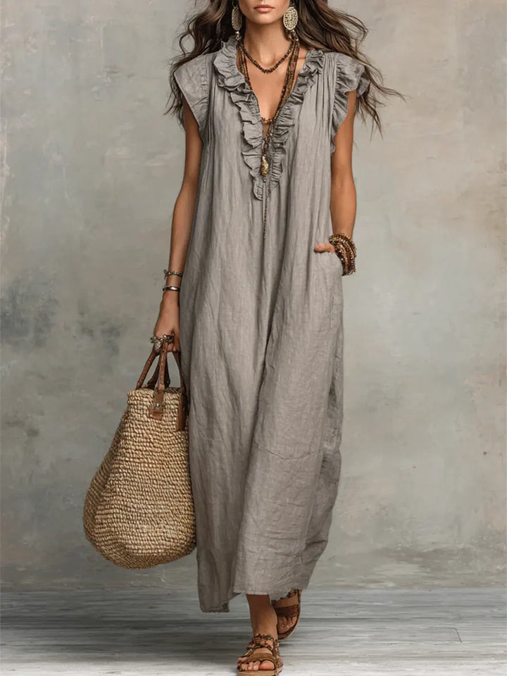Women's Solid Color Ruffled Art Casual Fashion Cozy Cotton Linen Dress, Lily & Sam, image 6