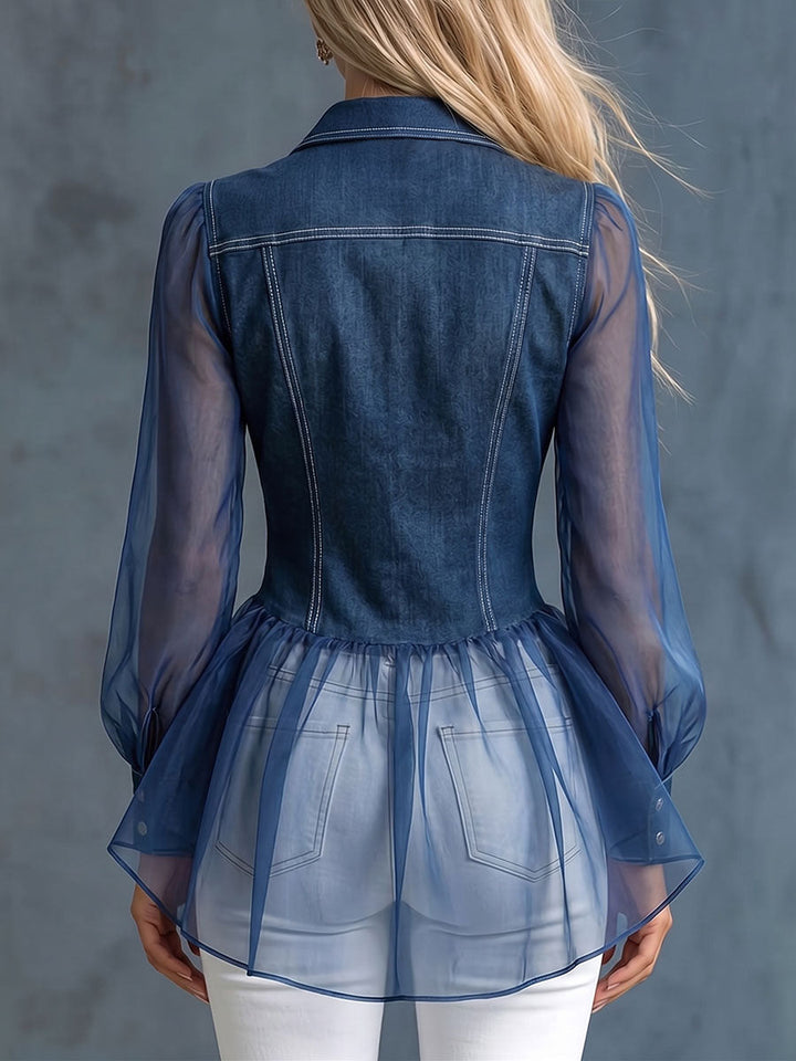 Women's Casual Loose fit Denim paneled Top With Lapel Collar And Long Sleeves, Lily & Sam, image 2