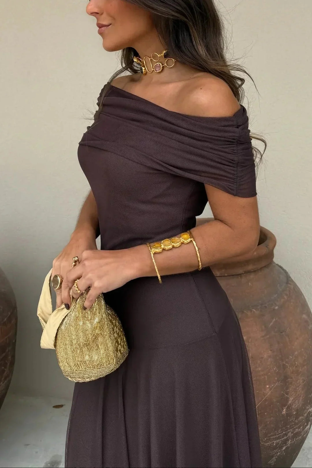 Robe longue d'été femme plissée à une épaule