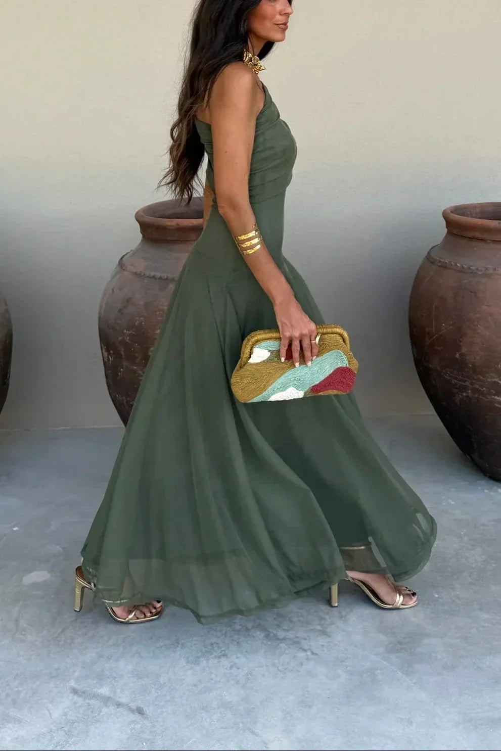 Robe longue d'été femme plissée à une épaule