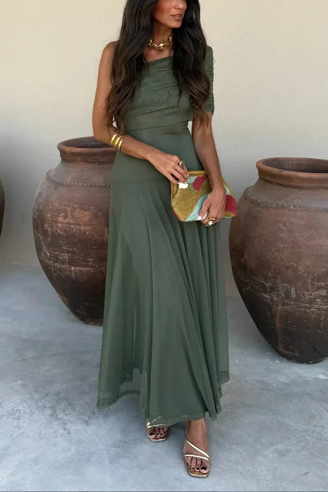 Robe longue d'été femme plissée à une épaule