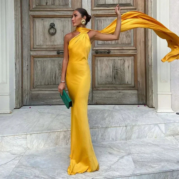 Robe longue femme drapée avec bretelle unique