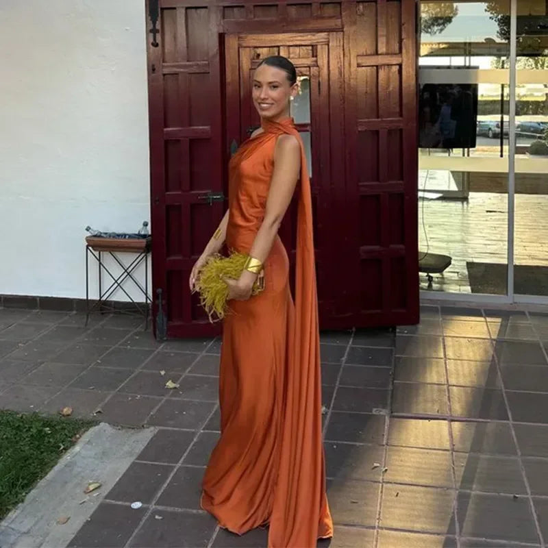 Robe longue femme drapée avec bretelle unique