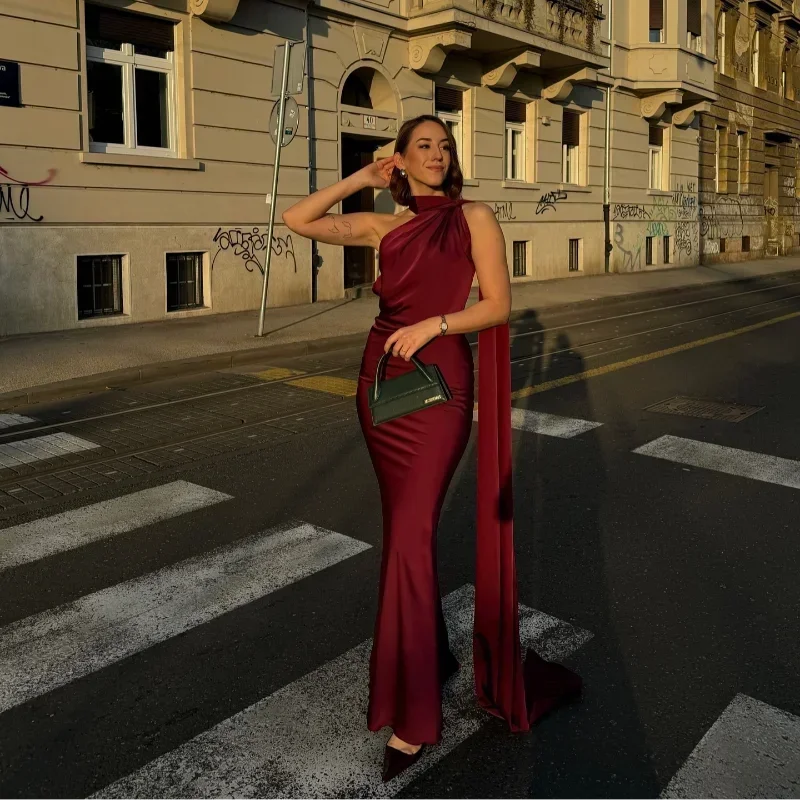 Robe longue femme drapée avec bretelle unique