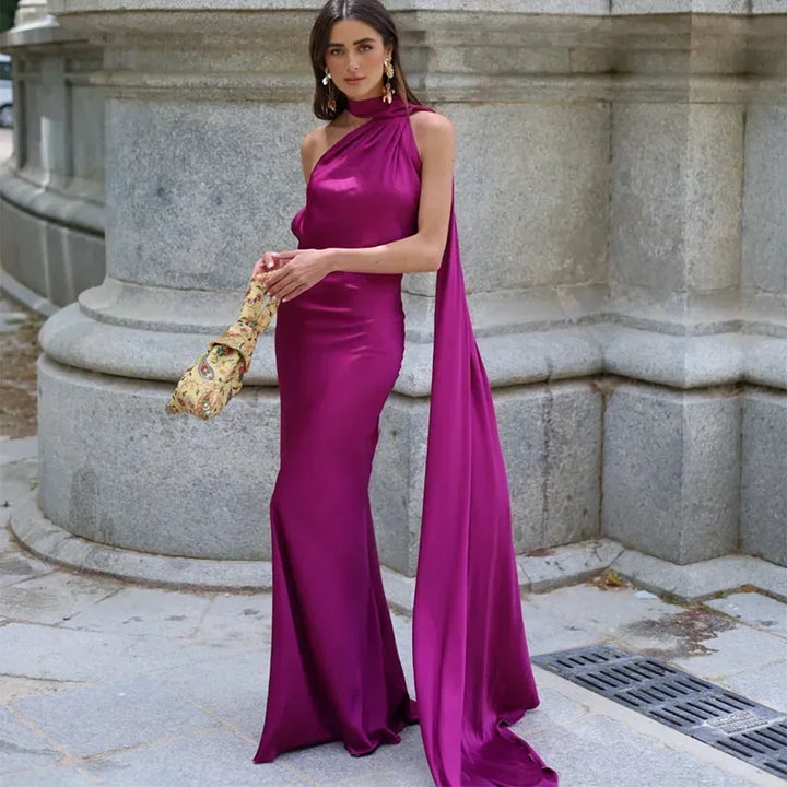 Robe longue femme drapée avec bretelle unique