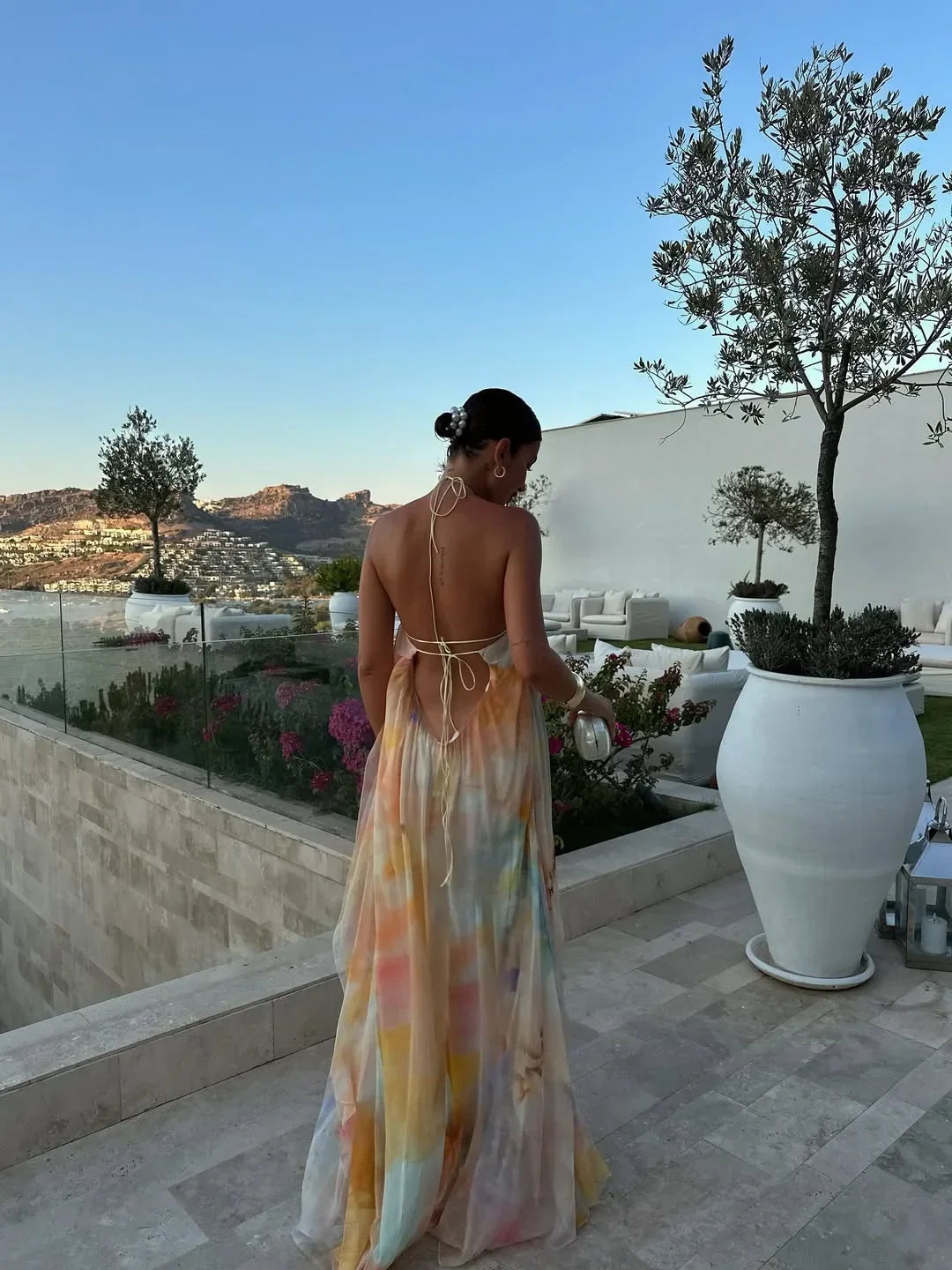 Robe longue femme imprimée dos nu