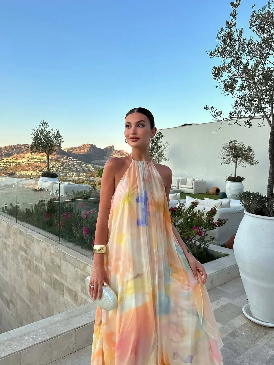 Robe longue femme imprimée dos nu