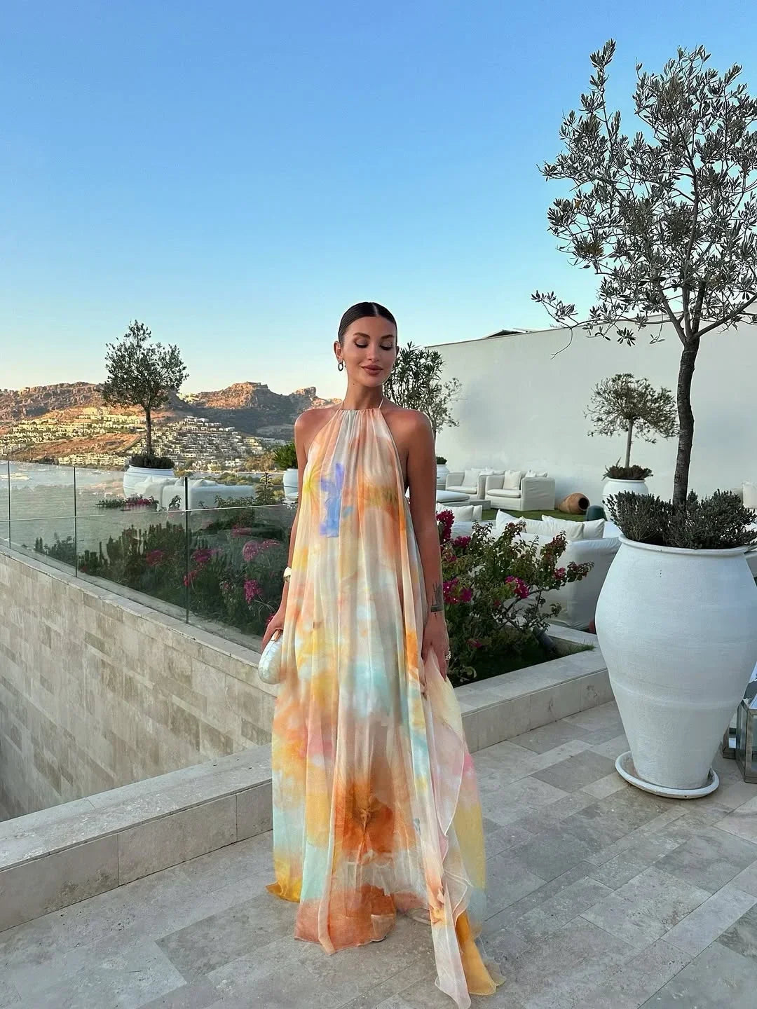 Robe longue femme imprimée dos nu