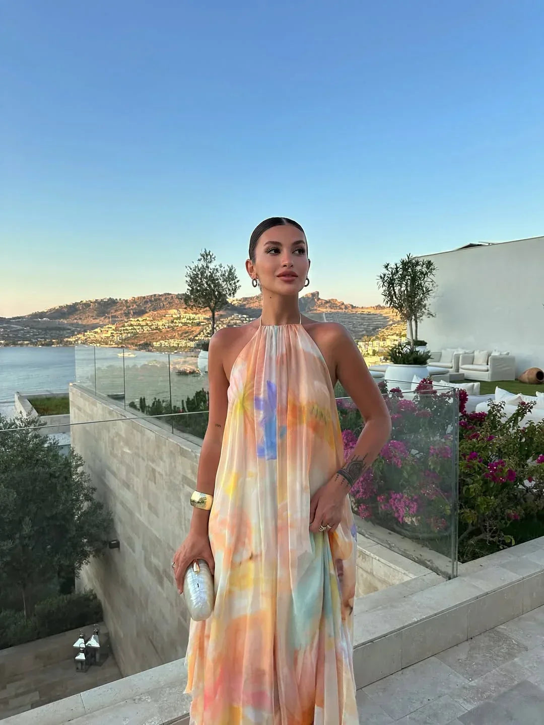 Robe longue femme imprimée dos nu