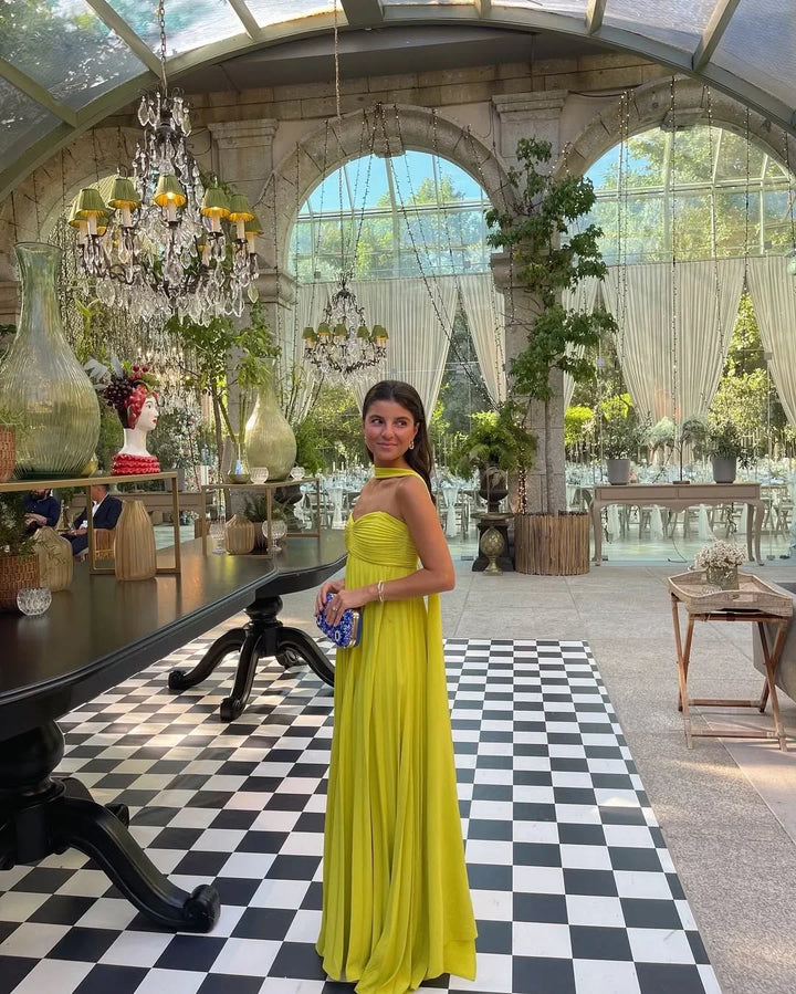 Robe longue femme jaune plissée