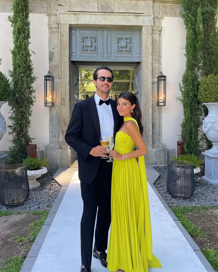 Robe longue femme jaune plissée