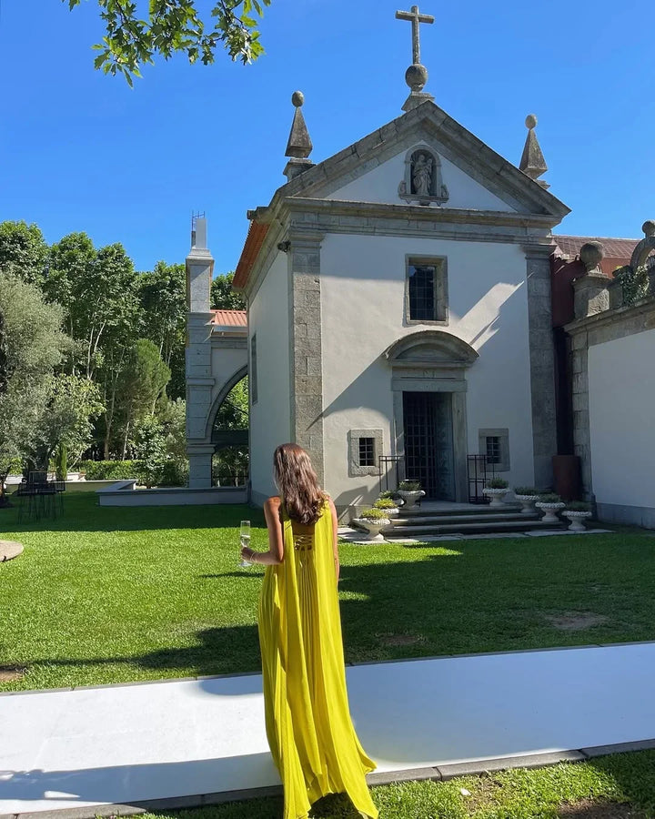 Robe longue femme jaune plissée