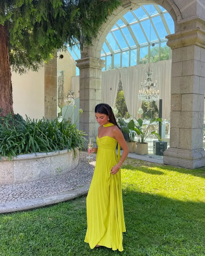 Robe longue femme jaune plissée