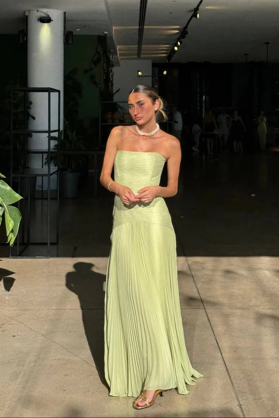 Robe longue femme plissée verte