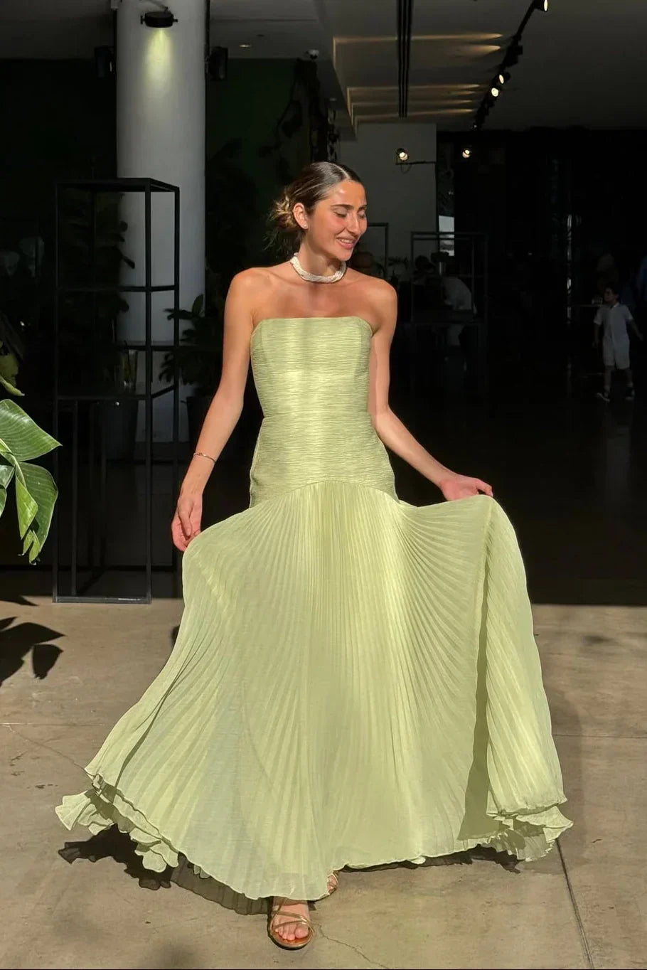 Robe longue femme plissée verte