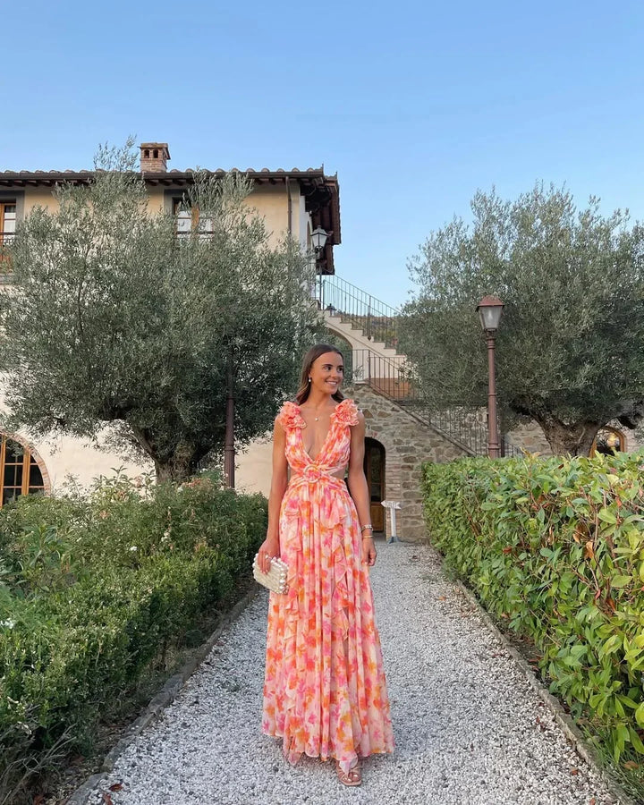 Robe longue femme à fleurs sans manches