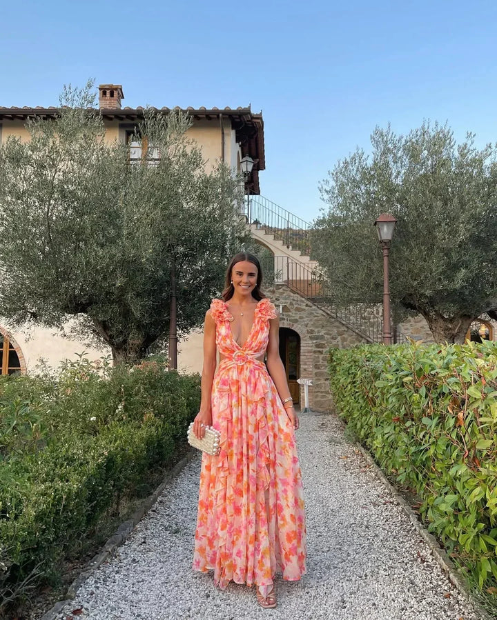 Robe longue femme à fleurs sans manches