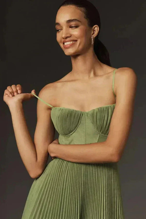 Robe midi femme plissée avec bretelles vert olive