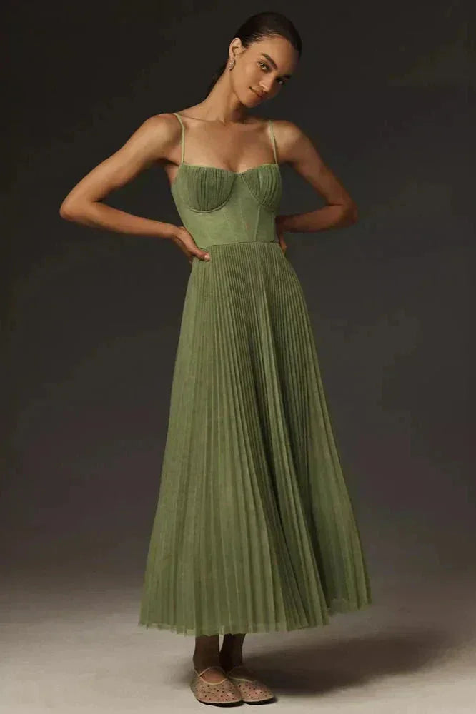 Robe midi femme plissée avec bretelles vert olive