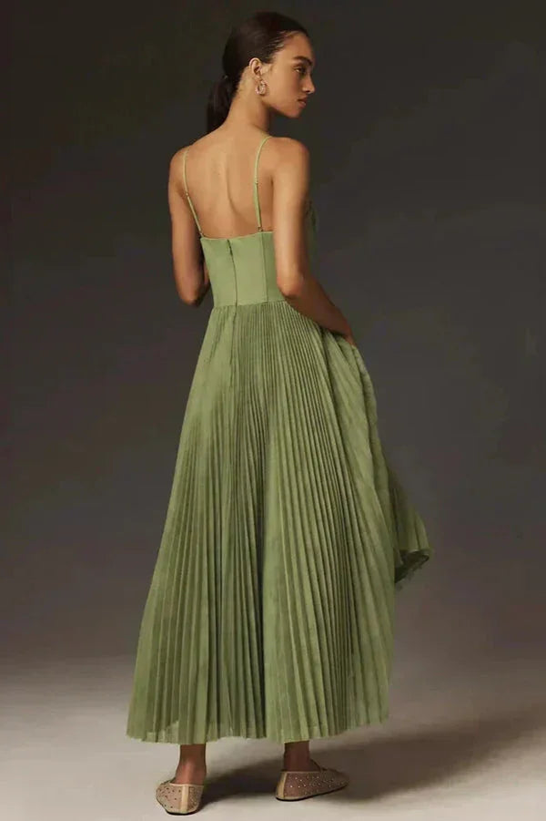 Robe midi femme plissée avec bretelles vert olive
