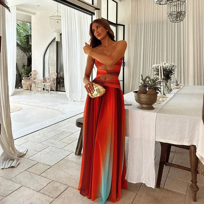 Robe longue femme sans bretelles rouge et orange estivale