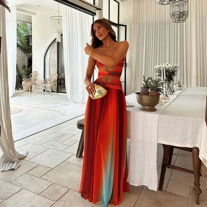 Robe longue femme sans bretelles rouge et orange estivale