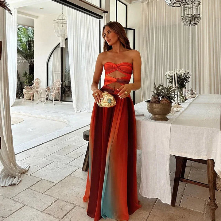 Robe longue femme sans bretelles rouge et orange estivale