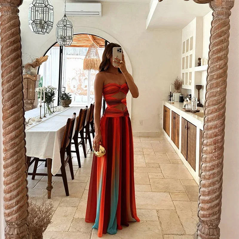 Robe longue femme sans bretelles rouge et orange estivale