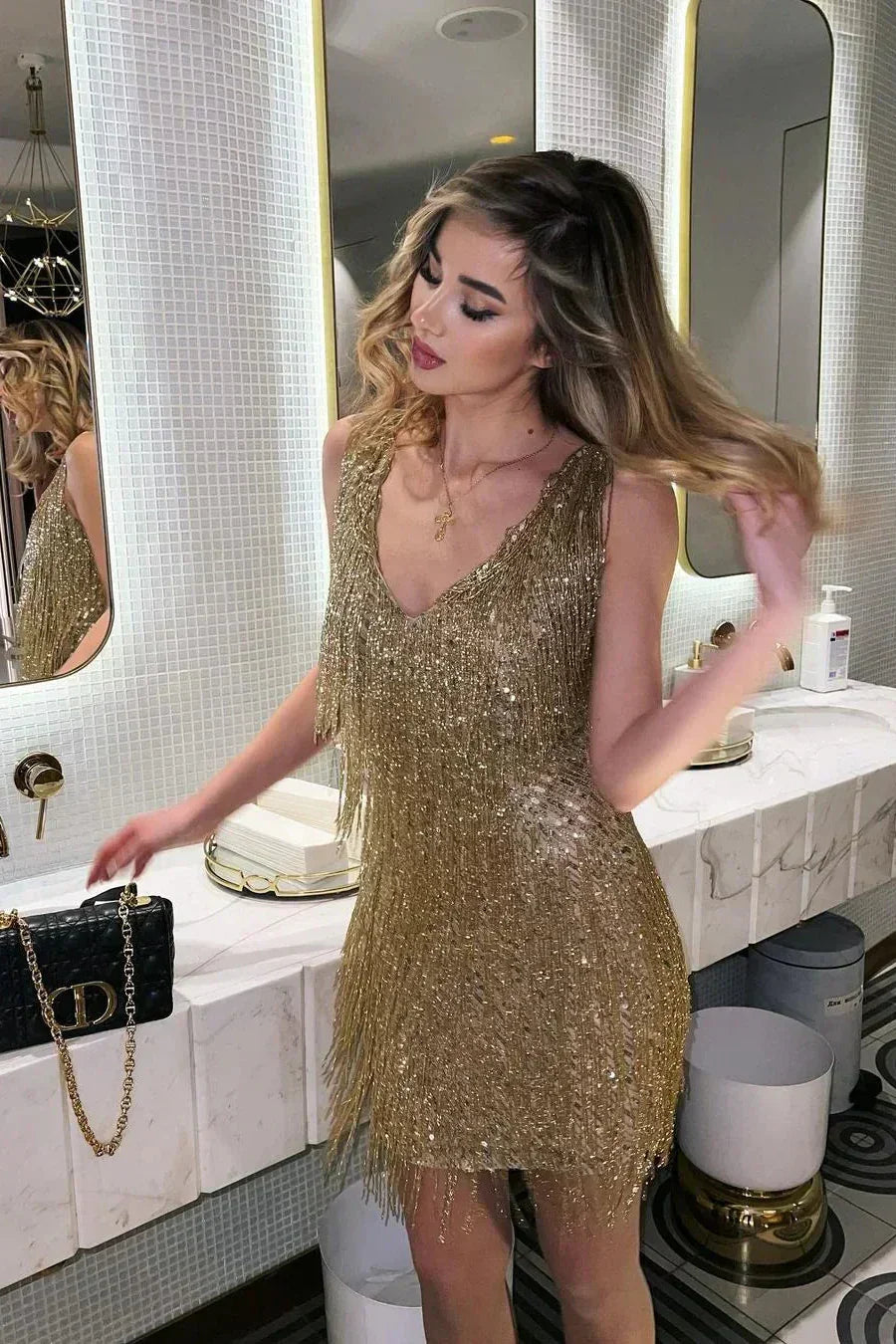 Robe courte pour femme avec paillettes et franges