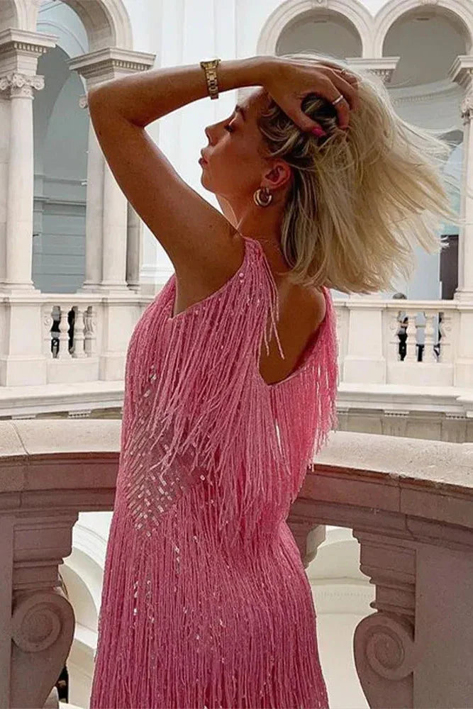 Robe courte pour femme avec paillettes et franges