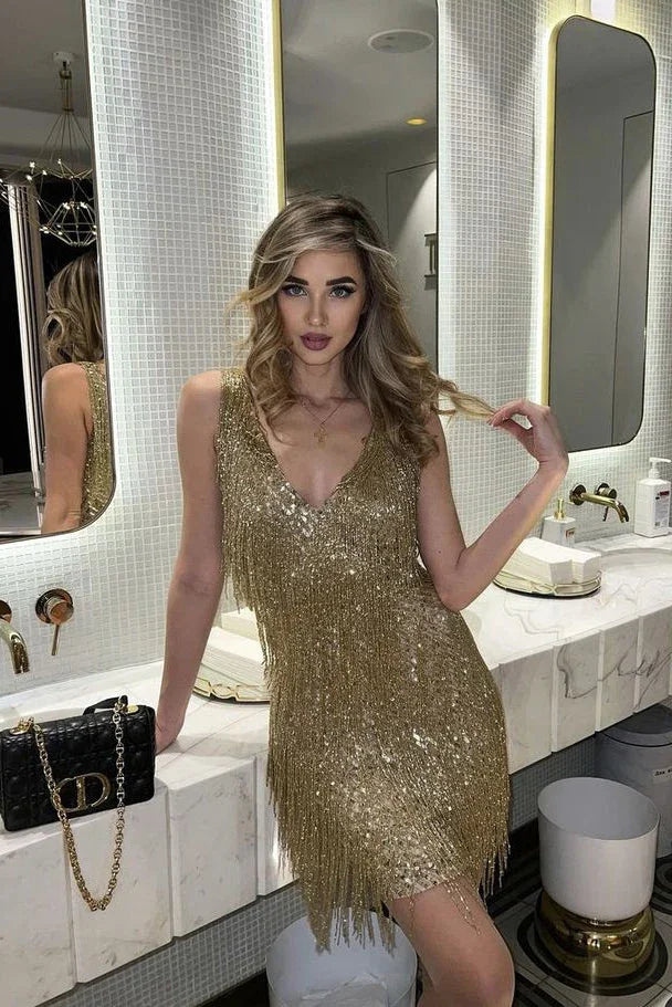 Robe courte pour femme avec paillettes et franges