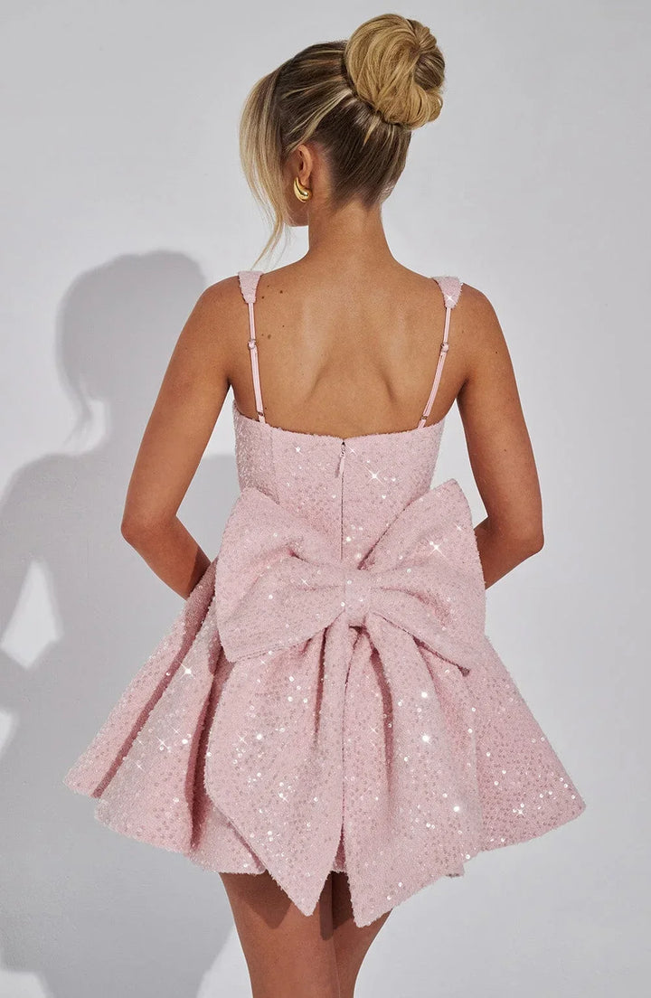 Robe courte en sequins pour femme avec bretelles et nœud