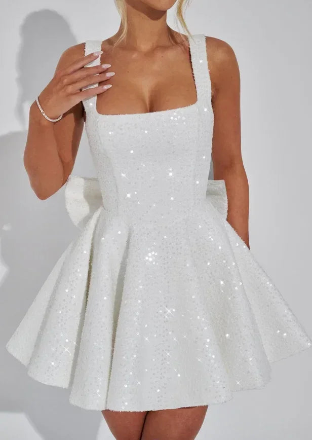 Robe courte en sequins pour femme avec bretelles et nœud
