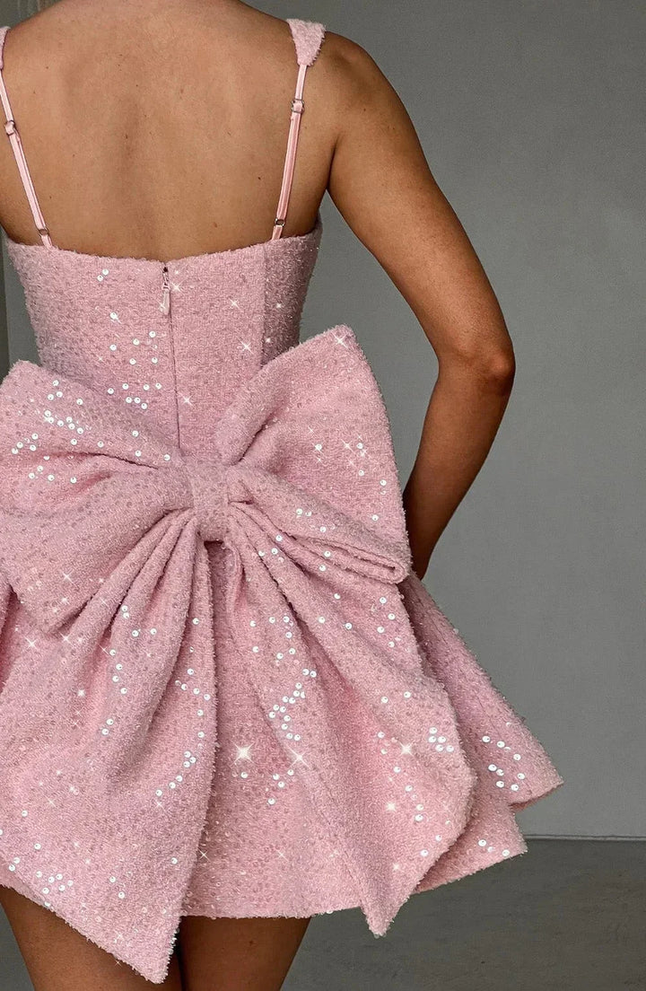 Robe courte en sequins pour femme avec bretelles et nœud