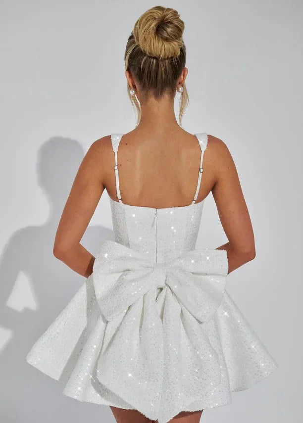 Robe courte en sequins pour femme avec bretelles et nœud